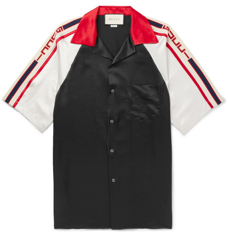 Camp-Collar Webbing-Trimmed Satin Shirt 