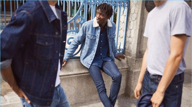 Denim on Denim: Adonis Bosso, Ben Allen & Ali Latif for H&M Models Ali Latif, Adonis Bosso, and Ben Allen sport denim essentials from H&M. Pictured center, Adonis dons a H&M pile-lined denim jacket, plaid oxford shirt, skinny jeans, and leather monkstrap shoes.