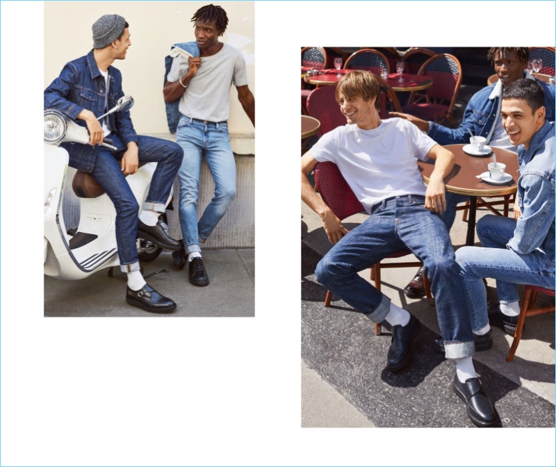 Left to Right: Ali Latif wears H&M denim jacket, skinny jeans, and leather monkstrap shoes. Adonis Bosso wears a H&M tee, denim jacket, slim jeans, and leather sneakers. All smiles, Ben Allen rocks a H&M tee and slim jean with leather monkstrap shoes.