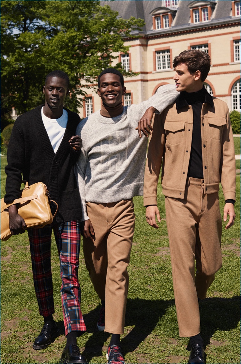 Alpha Dia, Salomon Diaz, and Jegor Venned wear looks from H&M Studio's fall-winter 2018 men's collection.