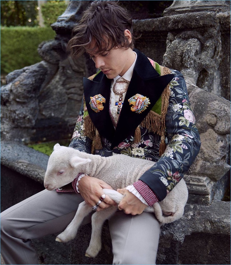 Glen Luchford photographs Harry Styles for Gucci's cruise 2019 tailoring campaign.