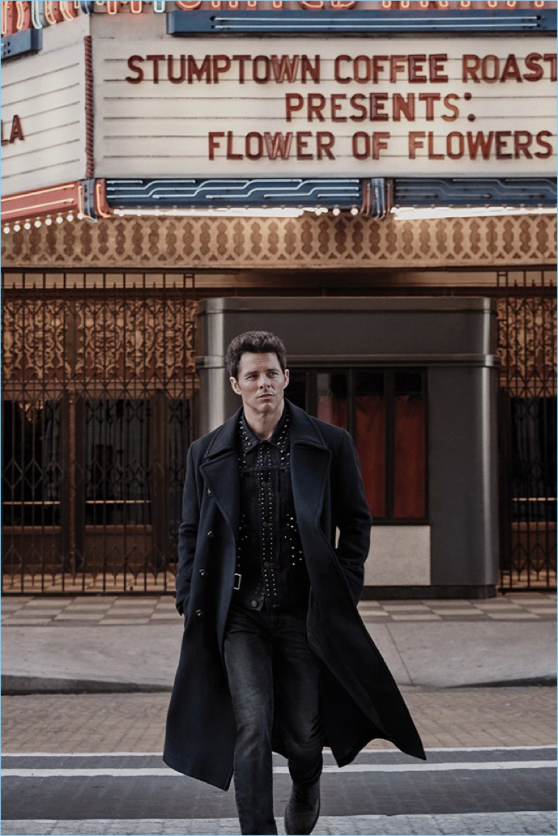 Stepping outside, James Marsden wears a John Varvatos coat, Coach 1941 jacket, and Saint Laurent jeans.