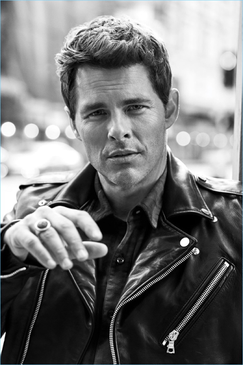 Front and center, James Marsden rocks a shirt and leather biker jacket from AMIRI.