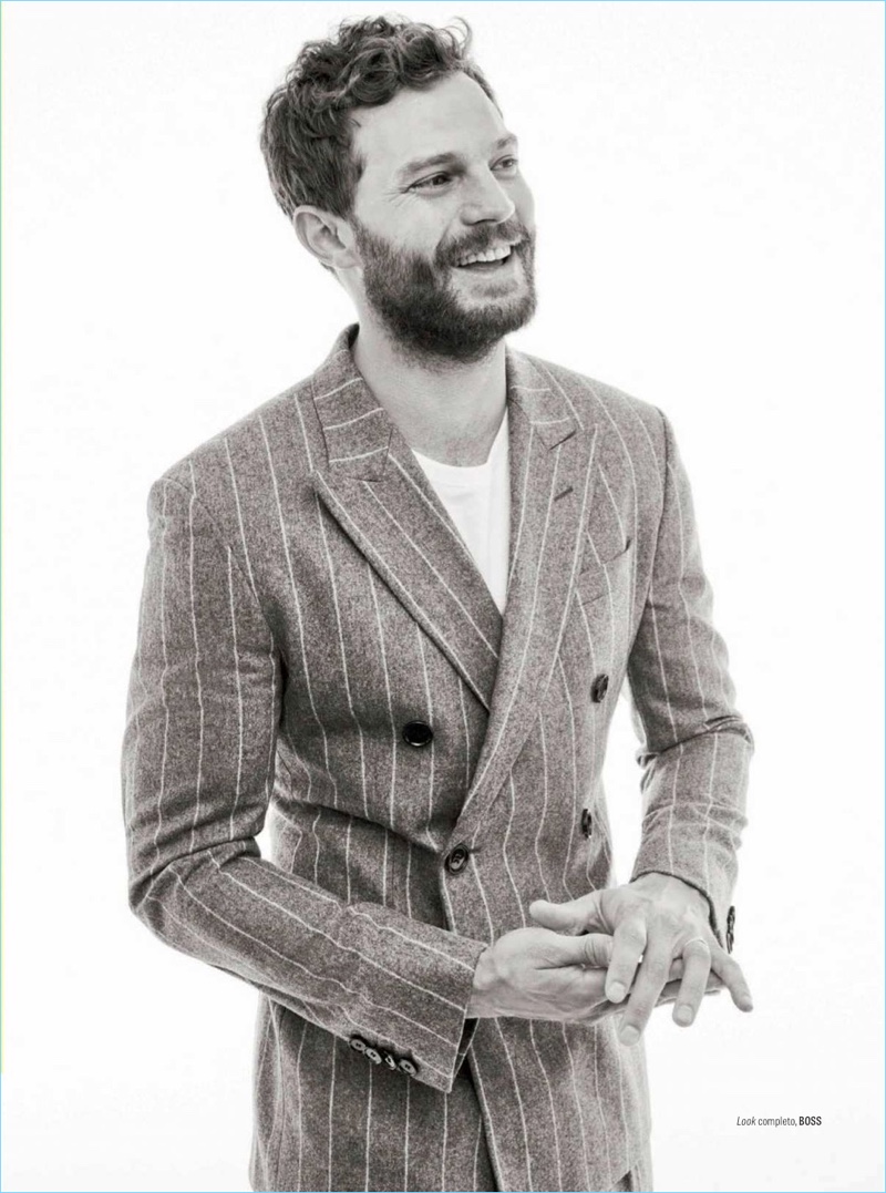 All smiles, Jamie Dornan wears a double-breasted pinstripe suit by BOSS. » Jamie Dornan Covers GQ México, Talks 'A Private War' All smiles, Jamie Dornan wears a double-breasted pinstripe suit by BOSS.