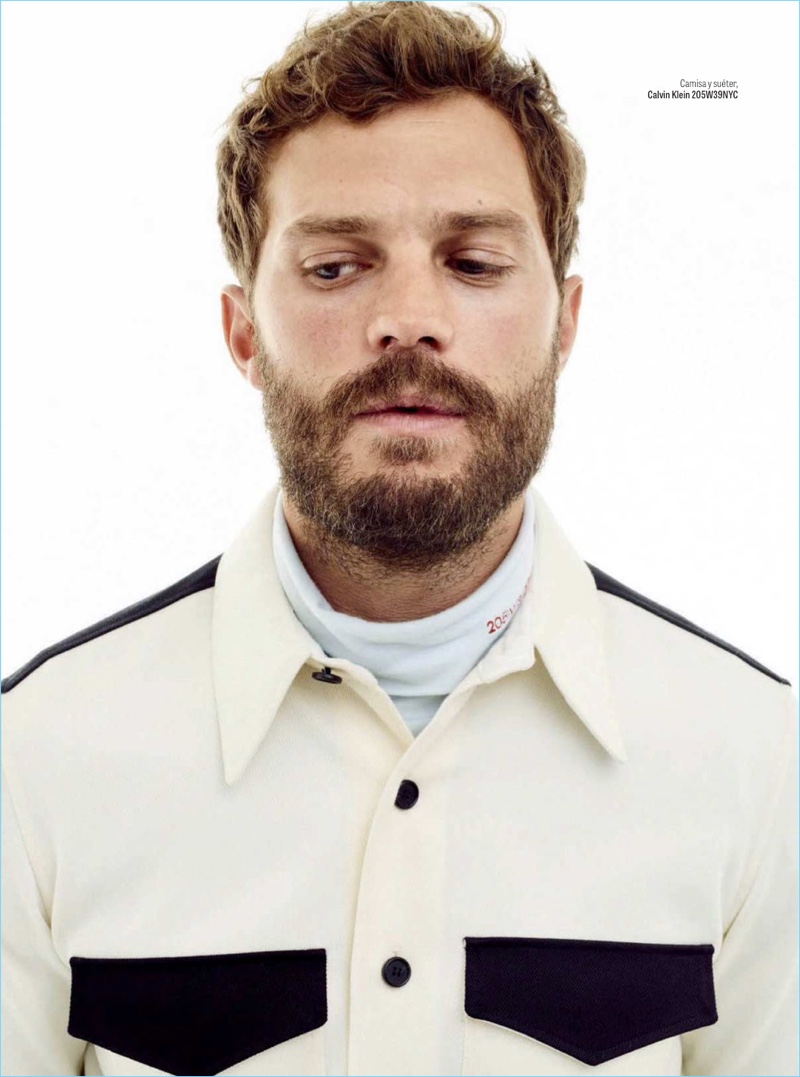 Front and center, Jamie Dornan wears a Calvin Klein shirt and turtleneck.