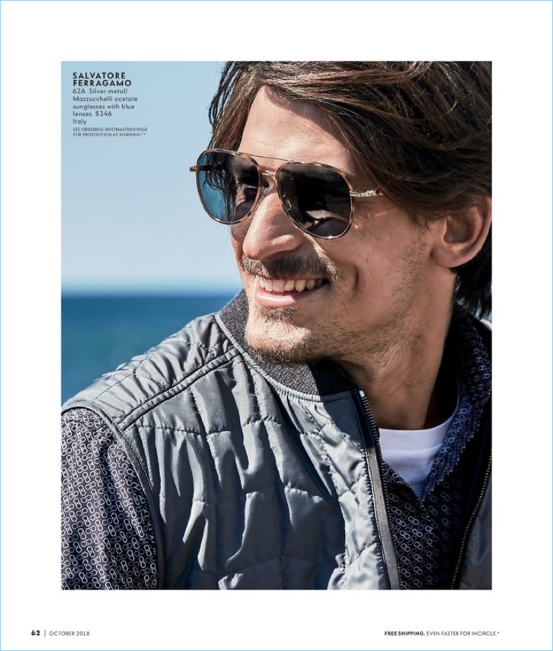 All smiles, Jarrod Scott wears Salvatore Ferragamo sunglasses.