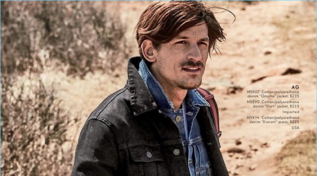 The Road Less Traveled: Jarrod Scott Hits the Road with Neiman Marcus Going casual, Jarrod Scott wears AG denim jackets with the brand's "Everett" jeans.