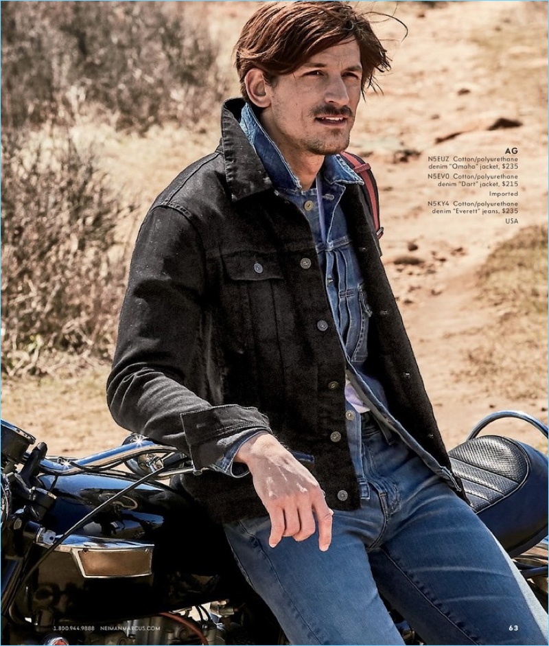 Going casual, Jarrod Scott wears AG denim jackets with the brand's "Everett" jeans.