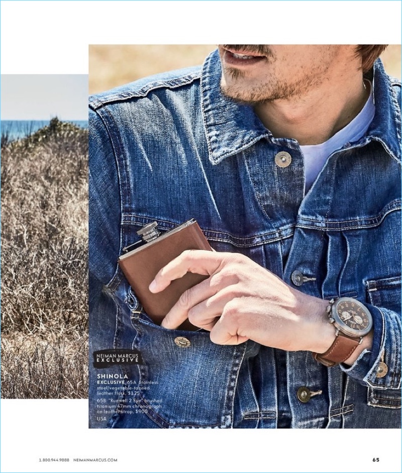On the move, Jarrod Scott takes hold of Shinola's leather flask. He also wears a watch from the brand.