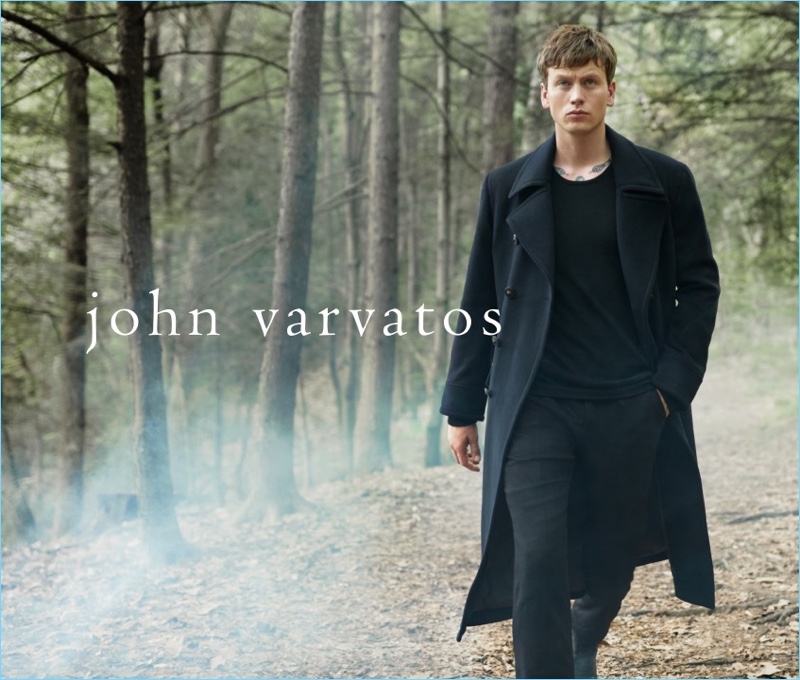 Clad in black, Sid Ellisdon appears in John Varvatos' fall-winter 2018 catalog.