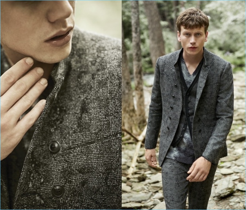 Model Sid Ellisdon sports elegant tailoring from John Varvatos.