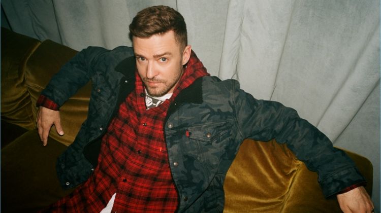 Justin Timberlake sports a camouflage jacket and hooded shirt from his Levi's collaboration.
