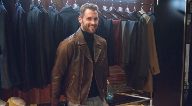BR/K.Love-18: Kevin Love x Banana Republic Collaboration Launches A chic but trendy vision, Kevin Love sports a brown leather biker jacket with a turtleneck sweater and windowpane print pants from his Banana Republic collaboration.