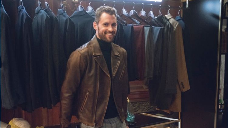 A chic but trendy vision, Kevin Love sports a brown leather biker jacket with a turtleneck sweater and windowpane print pants from his Banana Republic collaboration.