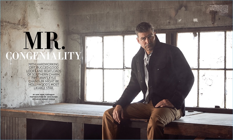 Donning a jacket and pants from Rag & Bone, Kyle Chandler also wears an Ossage shirt and AllSaints t-shirt.
