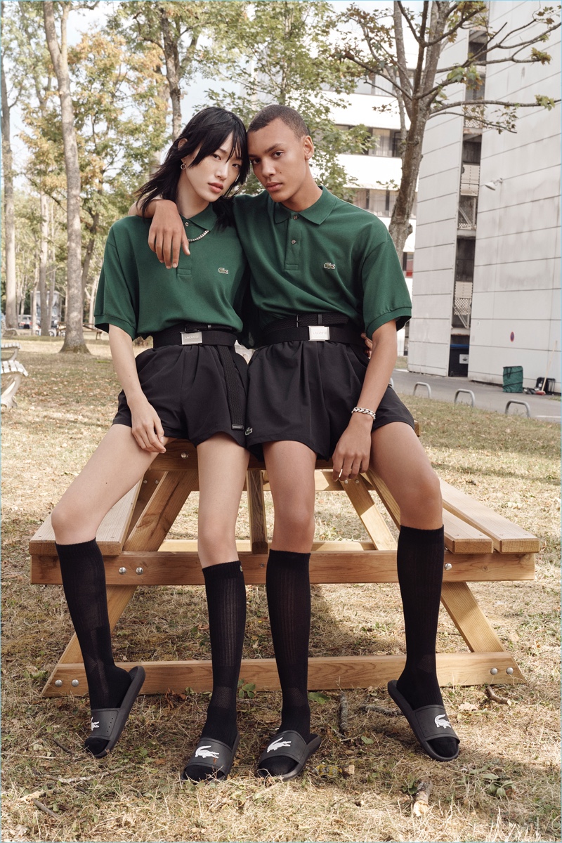 Sora Choi and Simon Bornhall wear unisex looks from Lacoste's spring-summer 2019 collection.