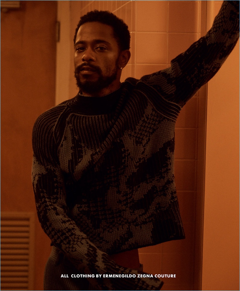 Actor Lakeith Stanfield dons a graphic sweater from Ermenegildo Zegna Couture.