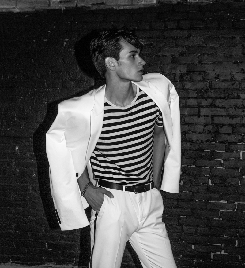 Levi wears striped tee and white suit Zara.