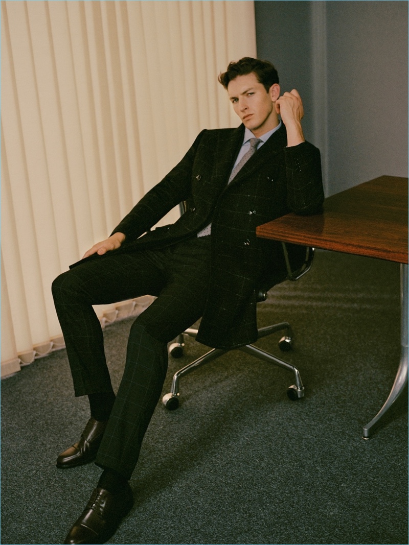 Oli Lacey is a sharp vision in a windowpane suit number from Mango Man.