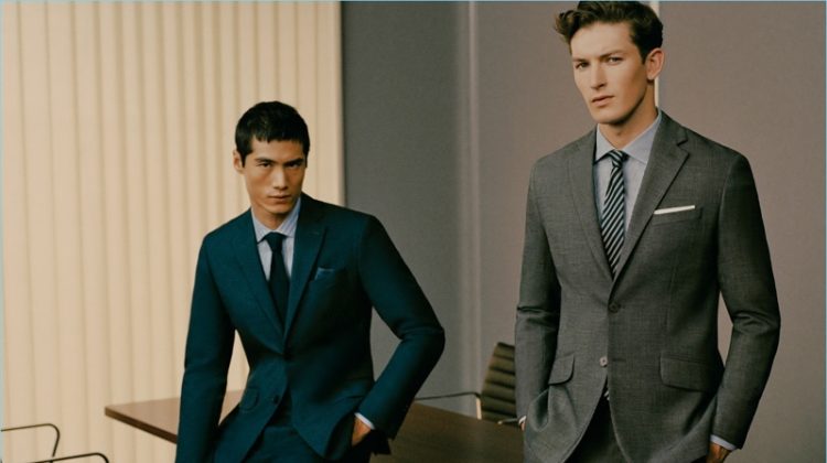 Boardroom ready, Hao Yun Xiang and Oli Lacey don dapper suits from Mango Man.