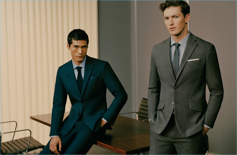 Boardroom ready, Hao Yun Xiang and Oli Lacey don dapper suits from Mango Man.