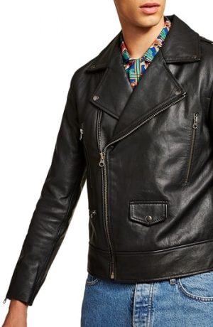 Men's Topman Classic Fit Leather Biker Jacket, Size Large - Black Men's Topman Classic Fit Leather Biker Jacket, Size Large - Black
