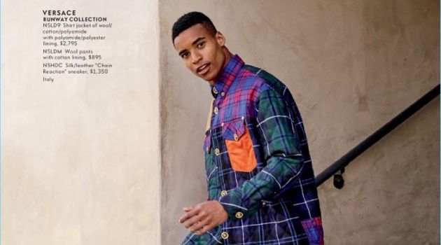 Off Duty & On Point: Malik Lindo & Noah Mills for Neiman Marcus Embracing tartan, Malik Lindo wears a look from Versace.