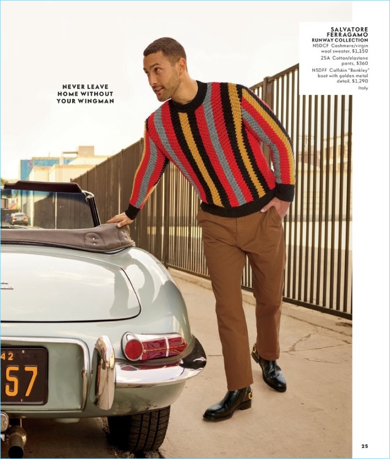 Noah Mills sports a colorful look from Salvatore Ferragamo.