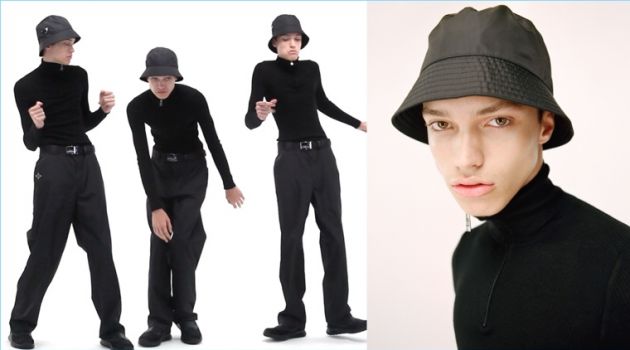 Prada Principles: Dario Papić Dons Fall Styles for Barneys Dario Papić dons a Prada bucket hat, sneakers, wide-leg trousers, a mock-neck turtleneck, and belt.
