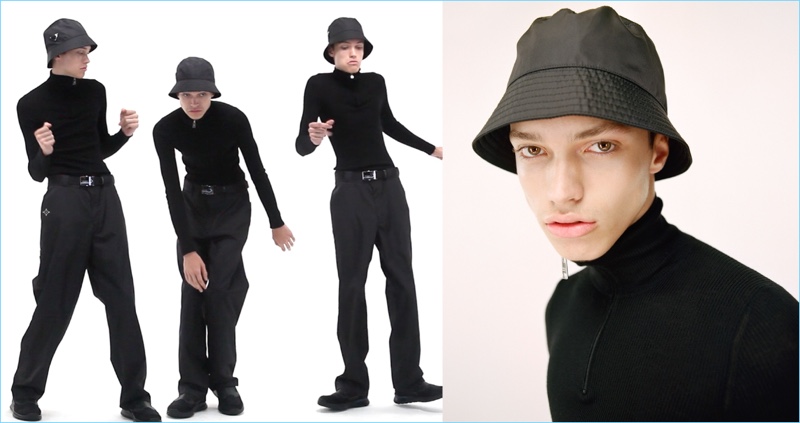 Dario Papić dons a Prada bucket hat, sneakers, wide-leg trousers, a mock-neck turtleneck, and belt.