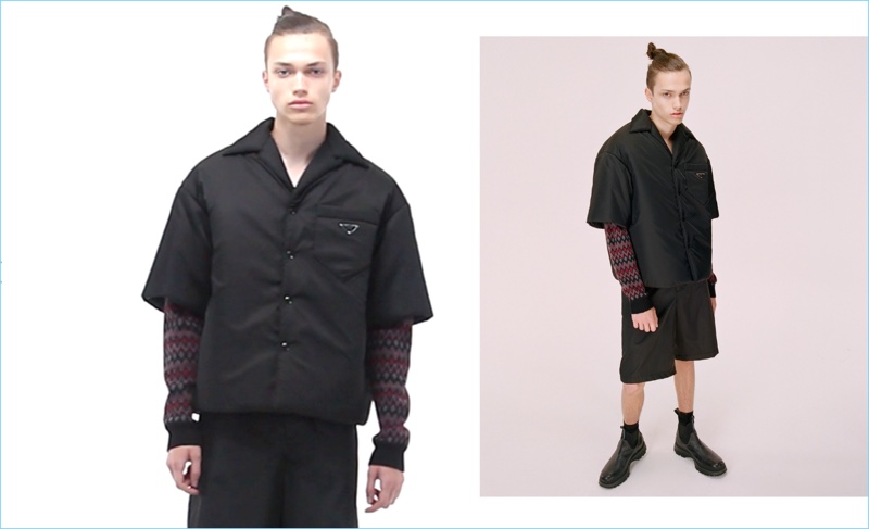 Starring in a Barneys lookbook, Dario Papić sports a Prada argyle sweater, bowling shirt, nylon shorts, and Chelsea boots.