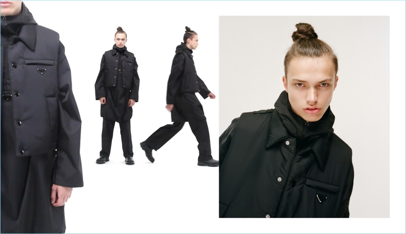 Clad in black, Dario Papić wears a Prada tech-gabardine long overcoat, vest, wide-leg trousers, and leather Chelsea boots.