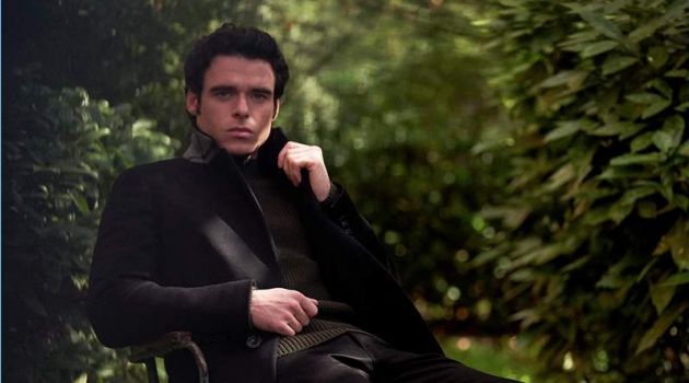 Richard Madden Connects with Mr Porter, Talks 'Bodyguard' Venturing outdoors, Richard Madden sports a Burberry coat, Mr P. sweater, and Acne Studios jeans.