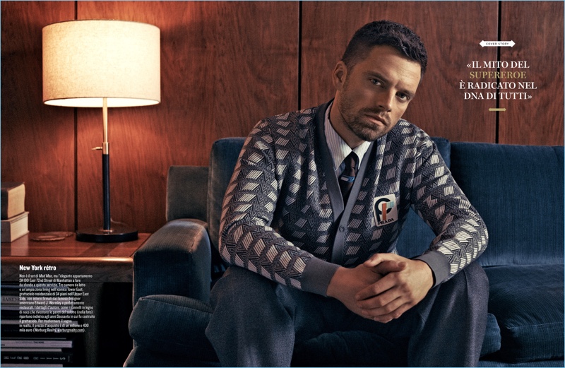 A smart vision, Sebastian Stan dons Prada.