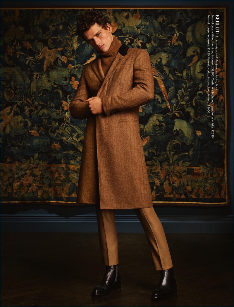 Making a statement in brown, Simon Nessman dons a look by Canali.