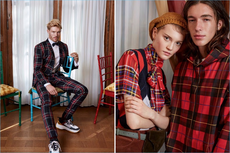 Nicholas Faulkner, Lina Hoss, and Gabriel Christensen connect with Simons for a tartan style edit. Nicholas dons a tartan suit and tailored shirt from LE 31 with a Mani Del Sud bow-tie. Gabriel rocks a DJAB check hoodie.