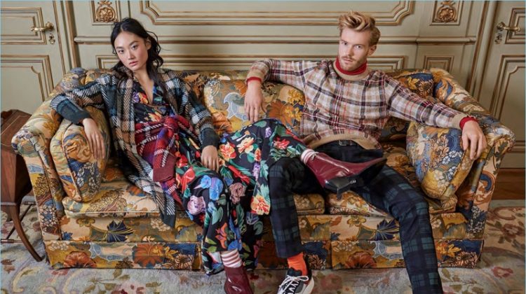 Ash Foo and Nicholas Faulkner showcase tartan fashions. A smart vision, Nicholas wears a plaid sweater and LE 31 turtleneck with Scotch & Soda tartan pants.