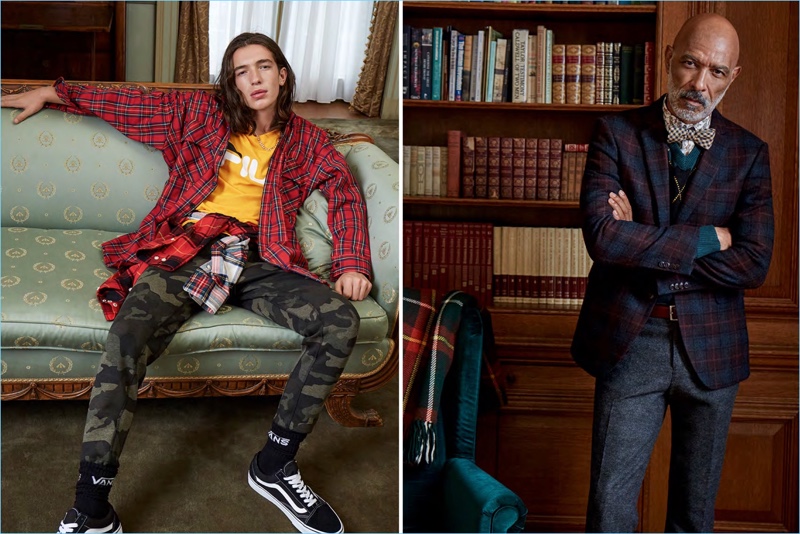 Pictured left, Gabriel Christensen wears a Fila t-shirt, DJAB tartan shirt, and camouflage pants. Meanwhile, Lono Brazil models a LE 31 heritage check jacket, argyle sweater, check bow-tie, monkeys print shirt, leather belt, and grey pants.