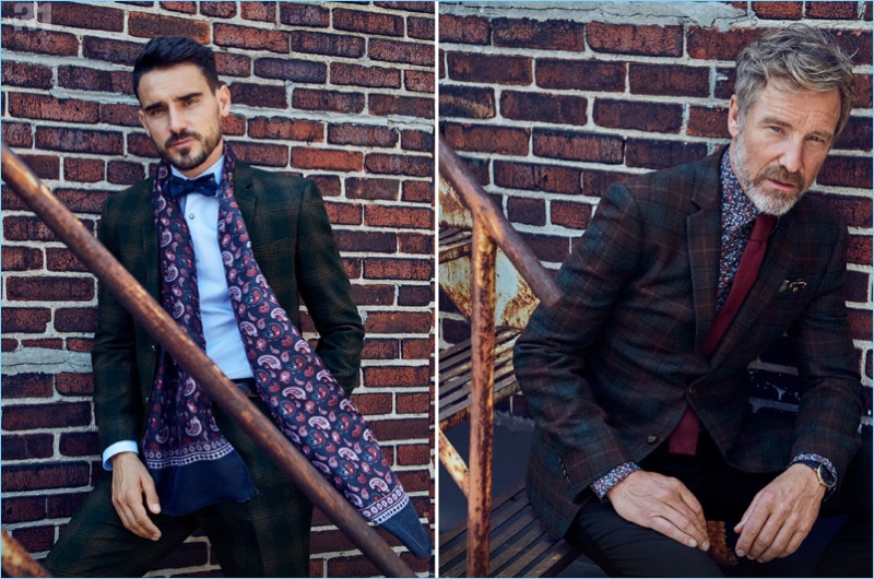 Left: Dressed to impress, Arthur Kulkov wears a LE 31 faded check suit, shirt, and paisley print scarf with an Atkinsons bow-tie. Right: Rainer Andreesen models a LE 31 heritage check jacket, wool pants, a knit tie, and painterly micro-floral shirt.