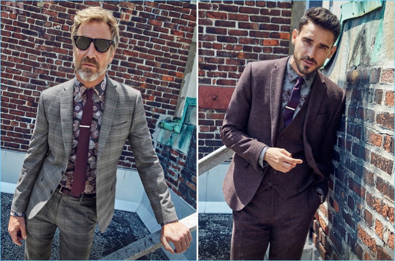 Left to Right: Rainer Andreesen wears a LE 31 floral sketch shirt and colored tie with a Bosco Prince of Wales suit. Arthur Kulkov rocks a LE 31 plum three-piece suit with a peony shirt.