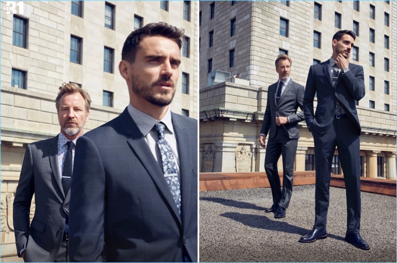 Appearing left, Rainer Andreesen sports a LE 31 grey-blue Prince of Wales suit, floral stripe shirt, and knit tie. Meanwhile, Arthur Kulkov dons a LE 31 navy check suit with a geo dot shirt, and oriental flowers tie. Arthur's look is complete with Simons dress shoes.