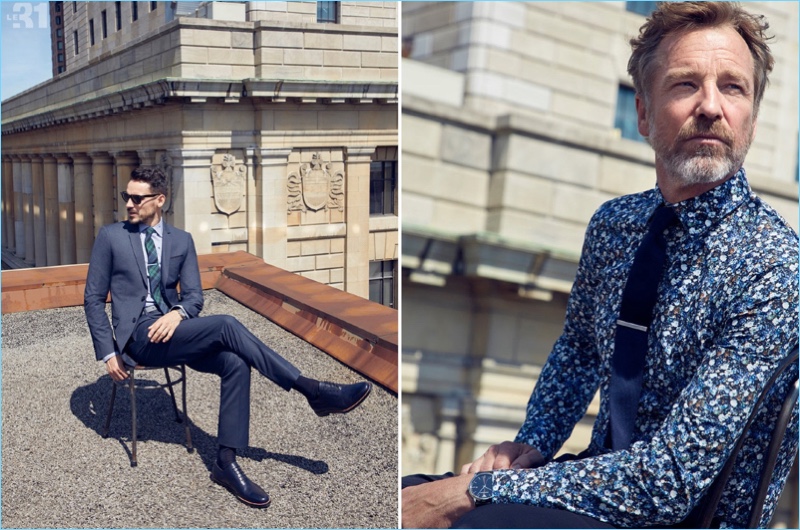 Left: Stealing a moment, Arthur Kulkov wears a LE 31 houndstooth suit, navy leaf shirt, and tartan tie. Pictured right, Rainer Andreesen sports a LE 31 floral bouquet shirt with a colored knit tie.