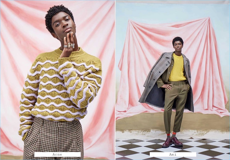 Sporting yellow, Alton Mason wears looks from Acne Studios and AMI.