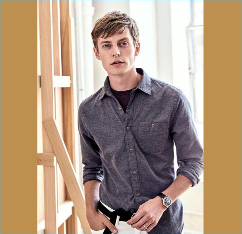 Brushed Cotton Cashmere Shirt: Janis Ancens is a smart casual vision in Todd Snyder's brushed cotton cashmere shirt.