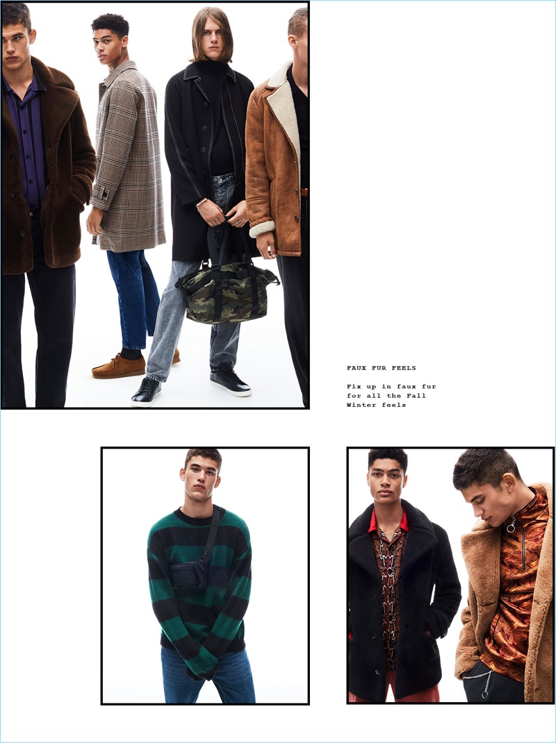 Sporting fall-winter 2018 fashions from Topman, models, Finn Hayton, Désiré Mia, Zach Norton, and Kasper Peppink come together.