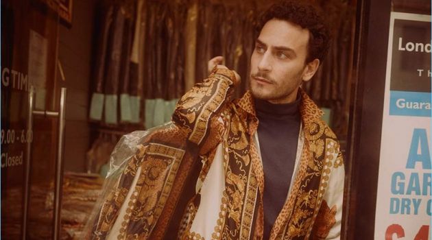 Mr Porter Tackles Maximalist Versace with Cesare Taurasi & Andrew Pozzi Cesare Taurasi dons a Versace track jacket, Handvaerk t-shirt, and A.P.C. white denim jeans.