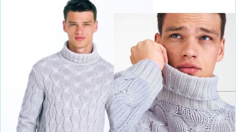 A chic vision, Filip Hrivnak sports a Cruciani cashmere turtleneck sweater.