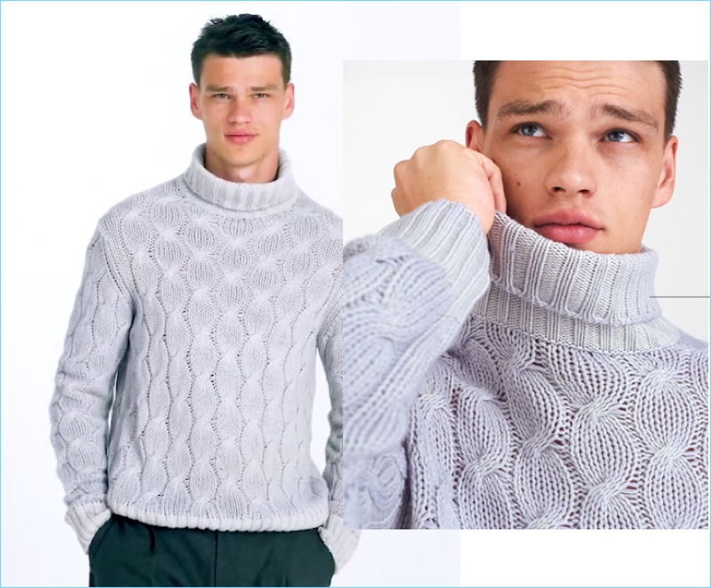 A chic vision, Filip Hrivnak sports a Cruciani cashmere turtleneck sweater.
