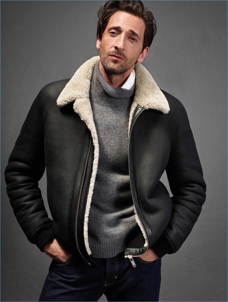 Making a fall statement, Adrien Brody dons a shearling jacket for Mango Man's new campaign.