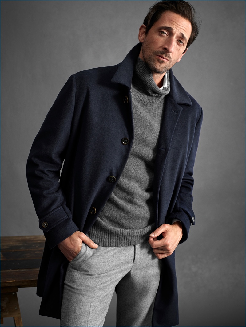 Adrien Brody dons a car coat for Mango Man's fall-winter 2018 campaign.